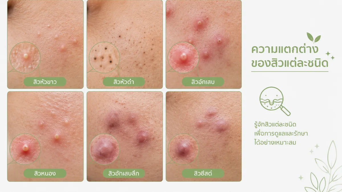 อินโฟกราฟิกความแตกต่างของสิวแต่ละชนิด เช่น สิวหัวขาว สิวหัวดำ สิวอักเสบ สิวหนอง สิวอักเสบลึก และสิวซีสต์