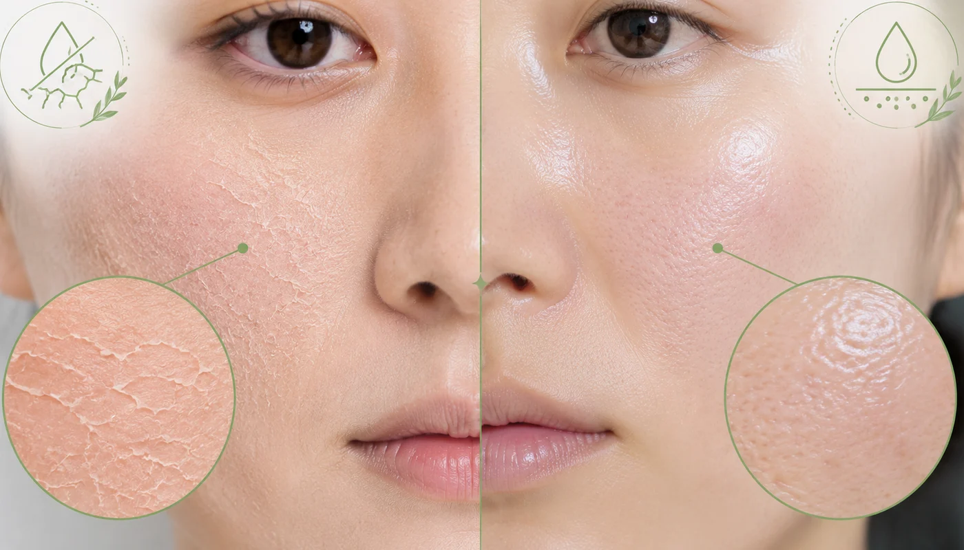 ภาพเปรียบเทียบผิวแห้งและผิวขาดน้ำสำหรับบทความดูแลผิว