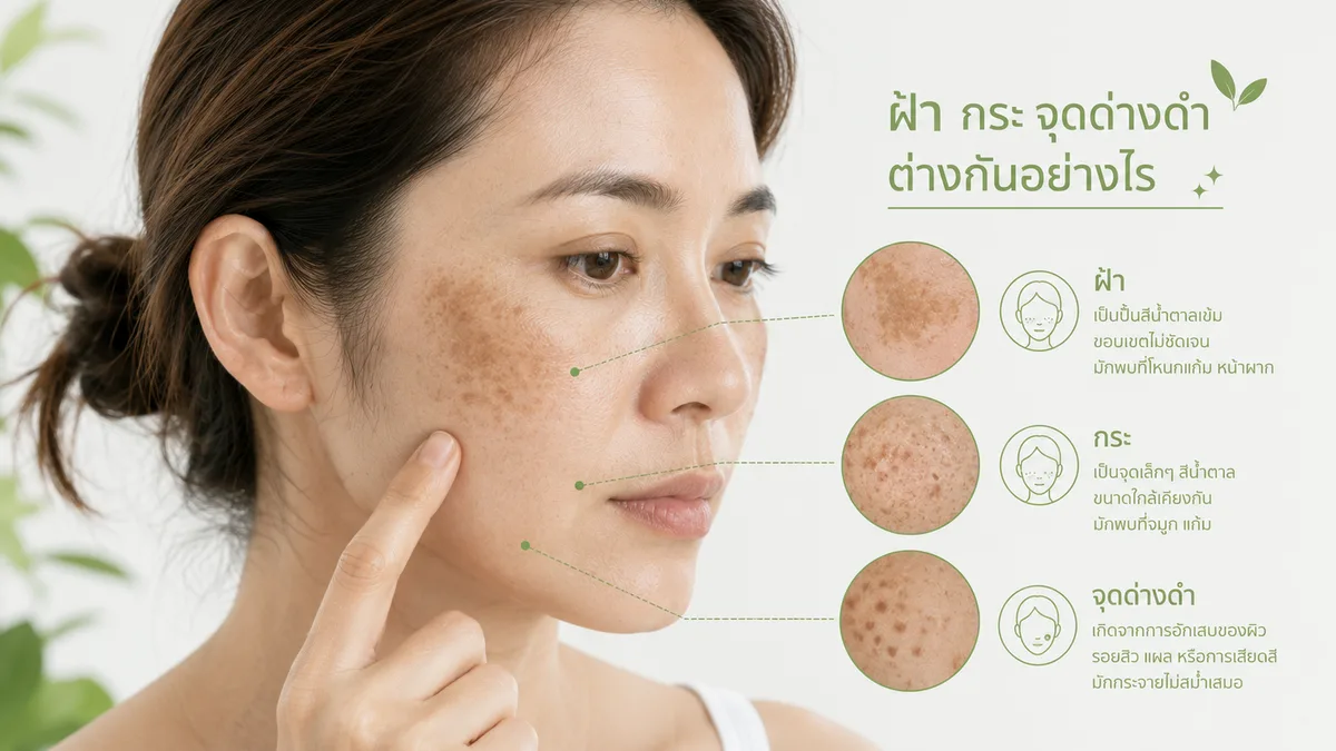ผู้หญิงแตะบริเวณแก้มเพื่อสังเกตปัญหาฝ้า กระ และจุดด่างดำ