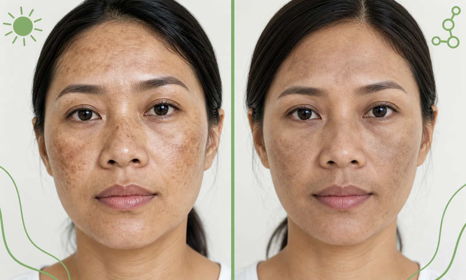 ภาพเปรียบเทียบรอยฝ้าแดดและฝ้าฮอร์โมนบนใบหน้าผู้หญิง
