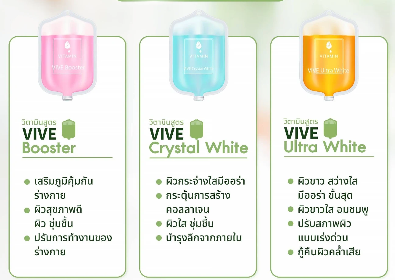 ภาพข้อมูลสูตรวิตามินผิว VIVE Booster VIVE Crystal White และ VIVE Ultra White